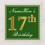 [ Thumbnail: Elegant, Green, Faux Gold 17th Birthday + Name Invitation ]