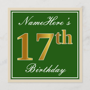 Elegant, Green, Faux Gold 17th Birthday + Name Invitation