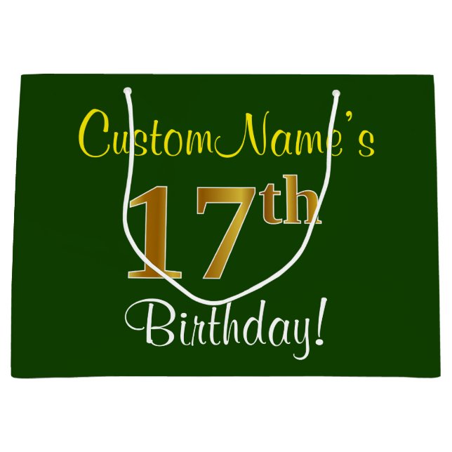 Elegant, Green, Faux Gold 17th Birthday + Name Large Gift Bag (Front)