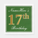 [ Thumbnail: Elegant Green, Faux Gold 17th Birthday + Name Napkins ]