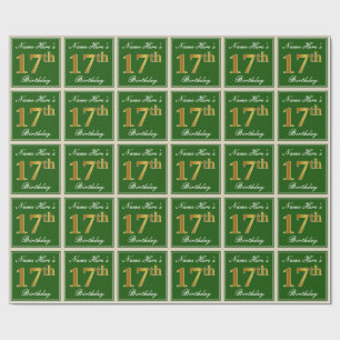 Elegant, Green, Faux Gold 17th Birthday + Name Wrapping Paper