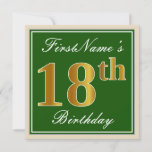 [ Thumbnail: Elegant, Green, Faux Gold 18th Birthday + Name Invitation ]
