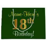 [ Thumbnail: Elegant, Green, Faux Gold 18th Birthday + Name Gift Bag ]