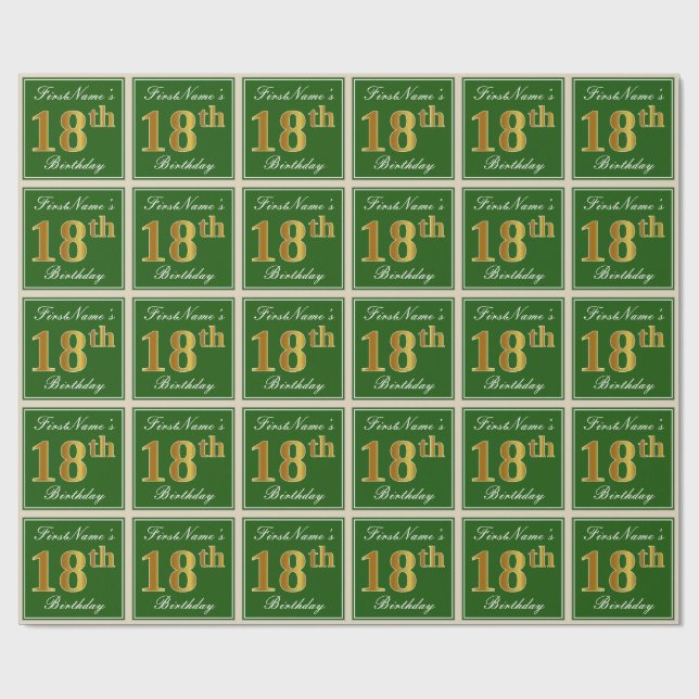 Elegant, Green, Faux Gold 18th Birthday + Name Wrapping Paper (Flat)