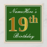 [ Thumbnail: Elegant, Green, Faux Gold 19th Birthday + Name Invitation ]