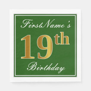 Elegant Green, Faux Gold 19th Birthday + Name Paper Napkins