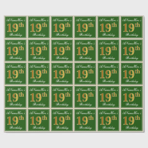 Elegant, Green, Faux Gold 19th Birthday + Name Wrapping Paper