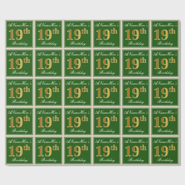 Elegant, Green, Faux Gold 19th Birthday + Name Wrapping Paper (Flat)