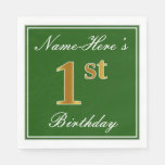 [ Thumbnail: Elegant Green, Faux Gold 1st Birthday; Custom Name Napkins ]