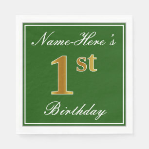 Elegant Green, Faux Gold 1st Birthday; Custom Name Napkins