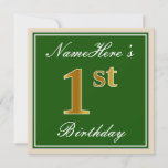 [ Thumbnail: Elegant, Green, Faux Gold 1st Birthday + Name Invitation ]