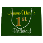 [ Thumbnail: Elegant, Green, Faux Gold 1st Birthday + Name Gift Bag ]