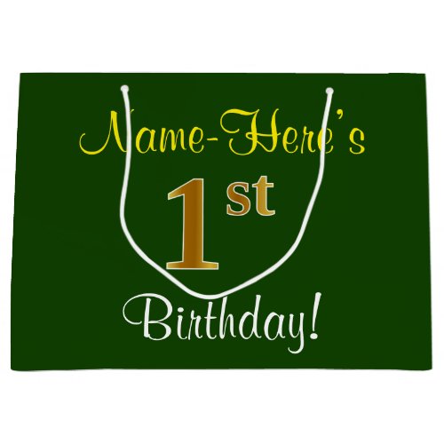 Elegant Green Faux Gold 1st Birthday  Name Large Gift Bag