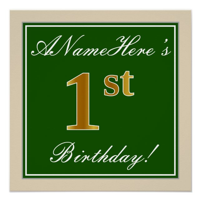 Elegant, Green, Faux Gold 1st Birthday + Name Poster (Front)
