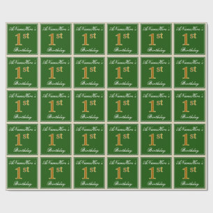 Elegant, Green, Faux Gold 1st Birthday + Name Wrapping Paper