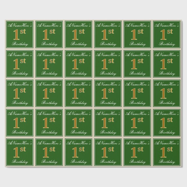 Elegant, Green, Faux Gold 1st Birthday + Name Wrapping Paper (Flat)