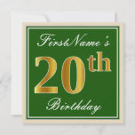 [ Thumbnail: Elegant, Green, Faux Gold 20th Birthday + Name Invitation ]