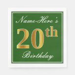 [ Thumbnail: Elegant Green, Faux Gold 20th Birthday + Name Napkins ]