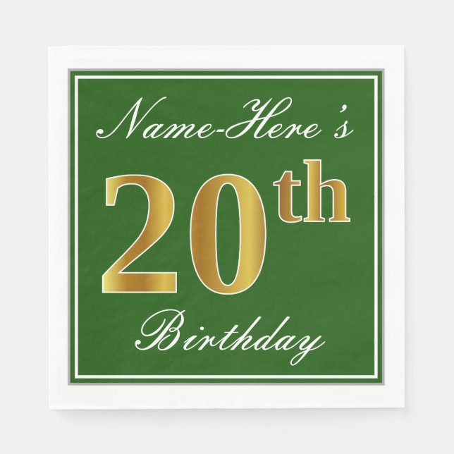 Elegant Green, Faux Gold 20th Birthday + Name Napkins (Front)