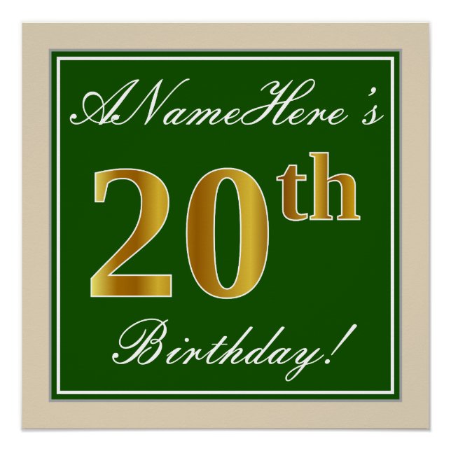 Elegant, Green, Faux Gold 20th Birthday + Name Poster (Front)
