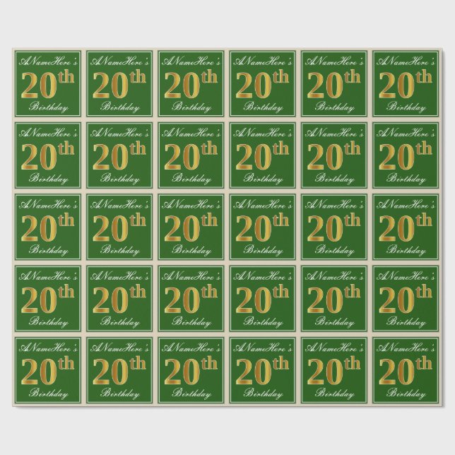Elegant, Green, Faux Gold 20th Birthday + Name Wrapping Paper (Flat)