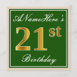 [ Thumbnail: Elegant, Green, Faux Gold 21st Birthday + Name Invitation ]