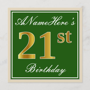 Elegant, Green, Faux Gold 21st Birthday + Name Invitation