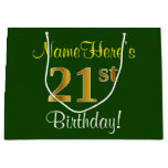 [ Thumbnail: Elegant, Green, Faux Gold 21st Birthday + Name Gift Bag ]