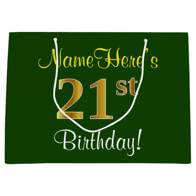 Elegant, Green, Faux Gold 21st Birthday + Name Large Gift Bag (Front)