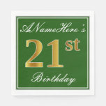 [ Thumbnail: Elegant Green, Faux Gold 21st Birthday + Name Napkins ]