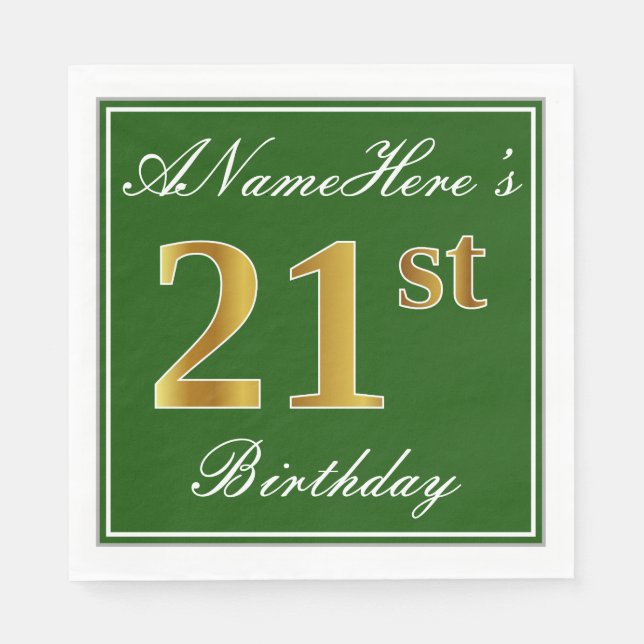 Elegant Green, Faux Gold 21st Birthday + Name Napkins (Front)