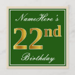 [ Thumbnail: Elegant, Green, Faux Gold 22nd Birthday + Name Invitation ]