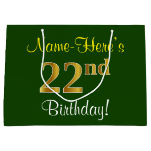 Elegant, Green, Faux Gold 22nd Birthday + Name Large Gift Bag