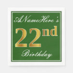 [ Thumbnail: Elegant Green, Faux Gold 22nd Birthday + Name Napkins ]
