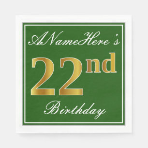 Elegant Green, Faux Gold 22nd Birthday + Name Napkins