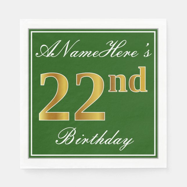 Elegant Green, Faux Gold 22nd Birthday + Name Napkins (Front)