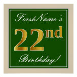 [ Thumbnail: Elegant, Green, Faux Gold 22nd Birthday + Name Poster ]