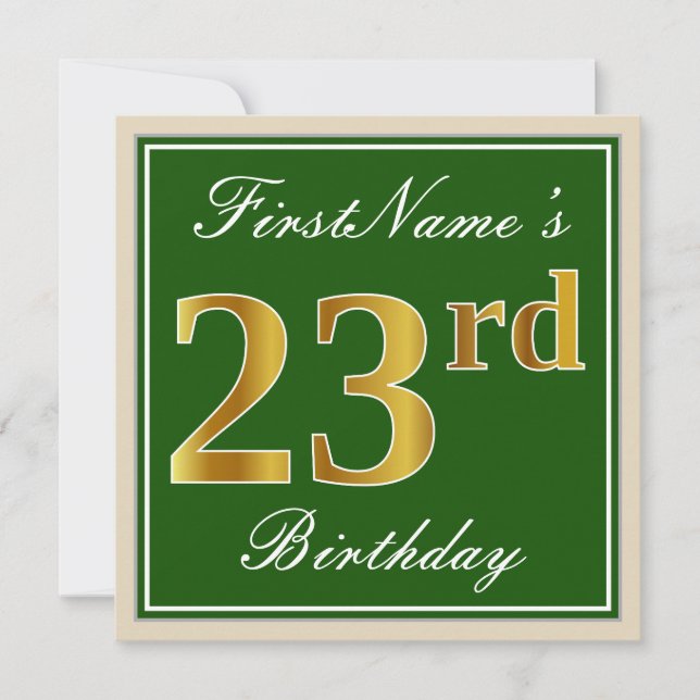 Elegant, Green, Faux Gold 23rd Birthday + Name Invitation (Front)