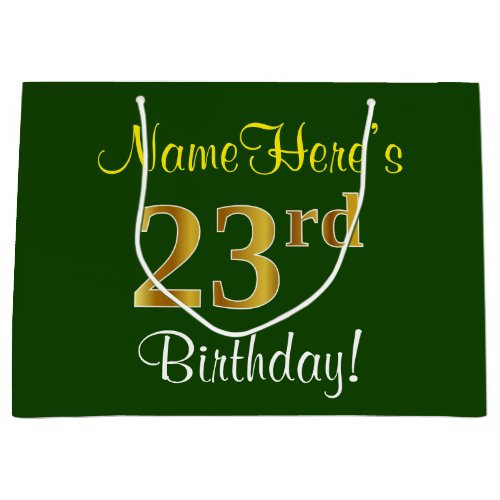 Elegant Green Faux Gold 23rd Birthday  Name Large Gift Bag