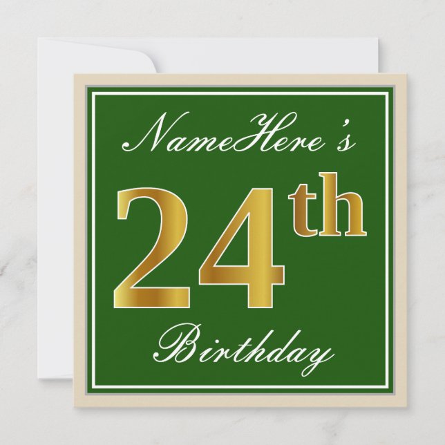 Elegant, Green, Faux Gold 24th Birthday + Name Invitation (Front)