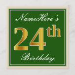 [ Thumbnail: Elegant, Green, Faux Gold 24th Birthday + Name Invitation ]