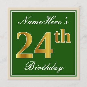 Elegant, Green, Faux Gold 24th Birthday + Name Invitation