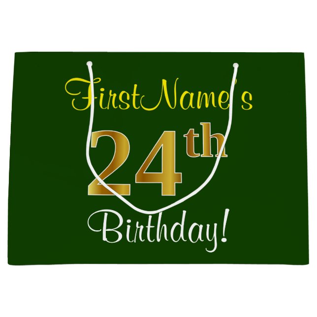 Elegant, Green, Faux Gold 24th Birthday + Name Large Gift Bag (Front)
