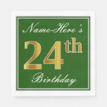 [ Thumbnail: Elegant Green, Faux Gold 24th Birthday + Name Napkins ]