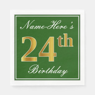 Elegant Green, Faux Gold 24th Birthday + Name Napkins