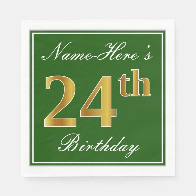 Elegant Green, Faux Gold 24th Birthday + Name Napkins (Front)