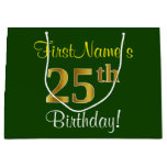 [ Thumbnail: Elegant, Green, Faux Gold 25th Birthday + Name Gift Bag ]
