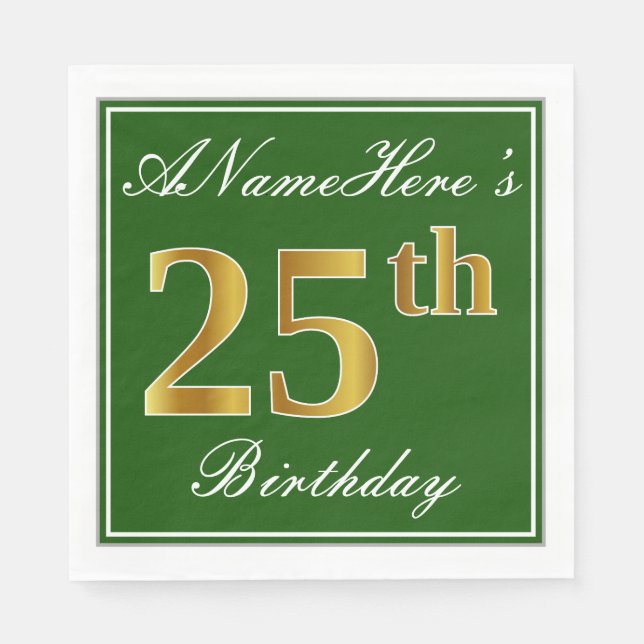 Elegant Green, Faux Gold 25th Birthday + Name Napkins (Front)