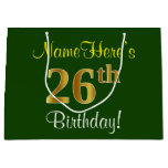 [ Thumbnail: Elegant, Green, Faux Gold 26th Birthday + Name Gift Bag ]
