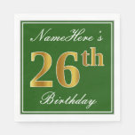 [ Thumbnail: Elegant Green, Faux Gold 26th Birthday + Name Napkins ]